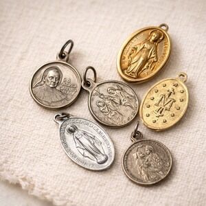 Vintage Catholic Medal Charm Lot Miraculous Mary Saints Gold Silver Tone